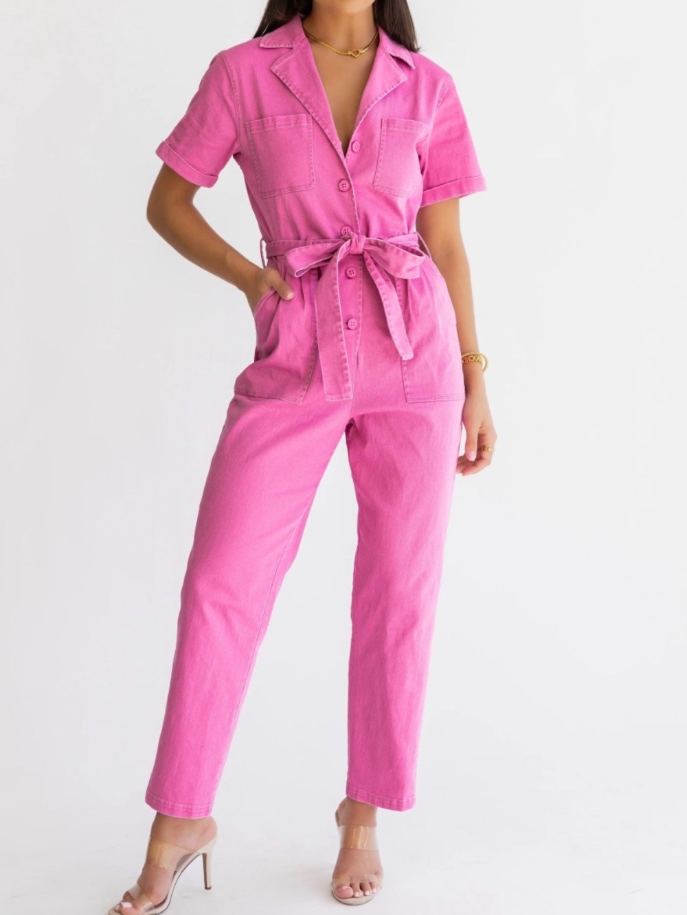 Skies Are Blue Hot Pink Short Sleeve Tie-Waist Jumpsuit